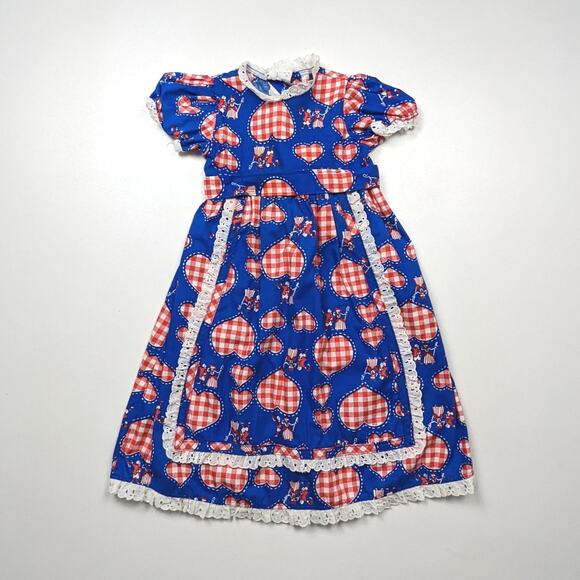 Vintage Maxi Dress Girls Size 2T Blue Heart Novelty Apron - Picture 1 of 4